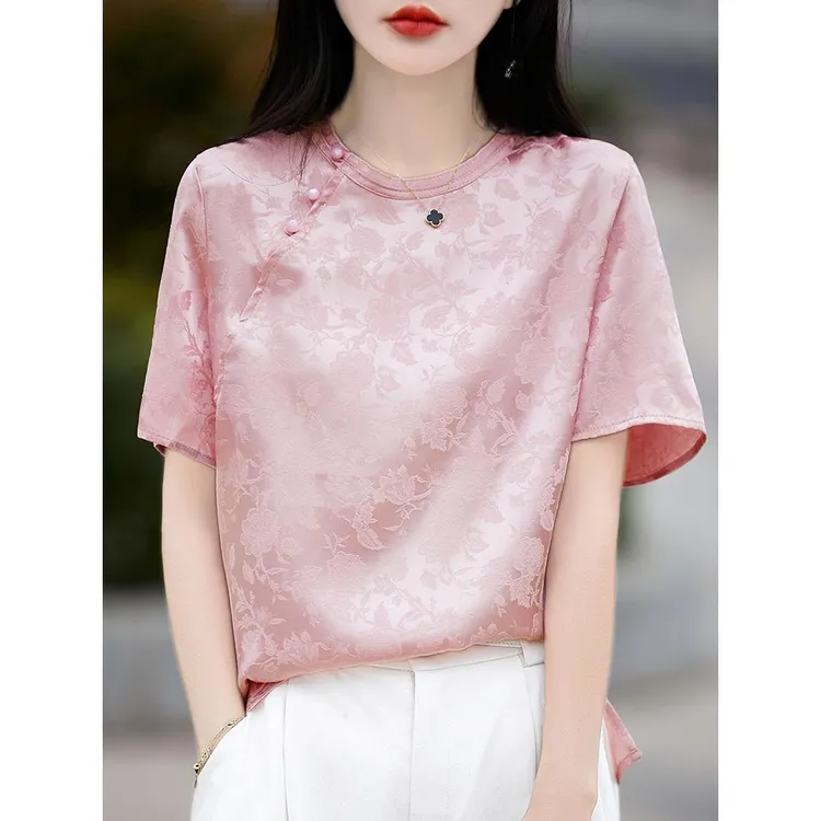 国风短袖女t恤2025夏装新款薄款提花洋气醋酸缎面上衣小衫