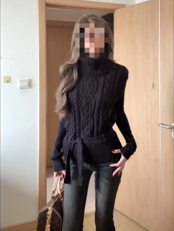 粗针毛线衣麻花黑色高领毛衣女秋冬新款高级感无袖针织衫马甲上衣