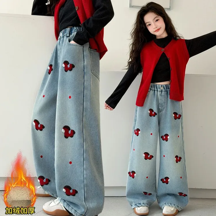 女童牛仔裤2026新款加绒加厚中大童马年本命年毛巾绣花牛仔裤年款