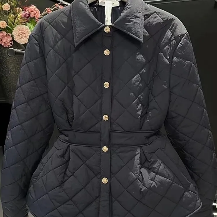 肉肉家*大码菱形格收腰显瘦气质时尚棉袄外套秋冬新款百搭