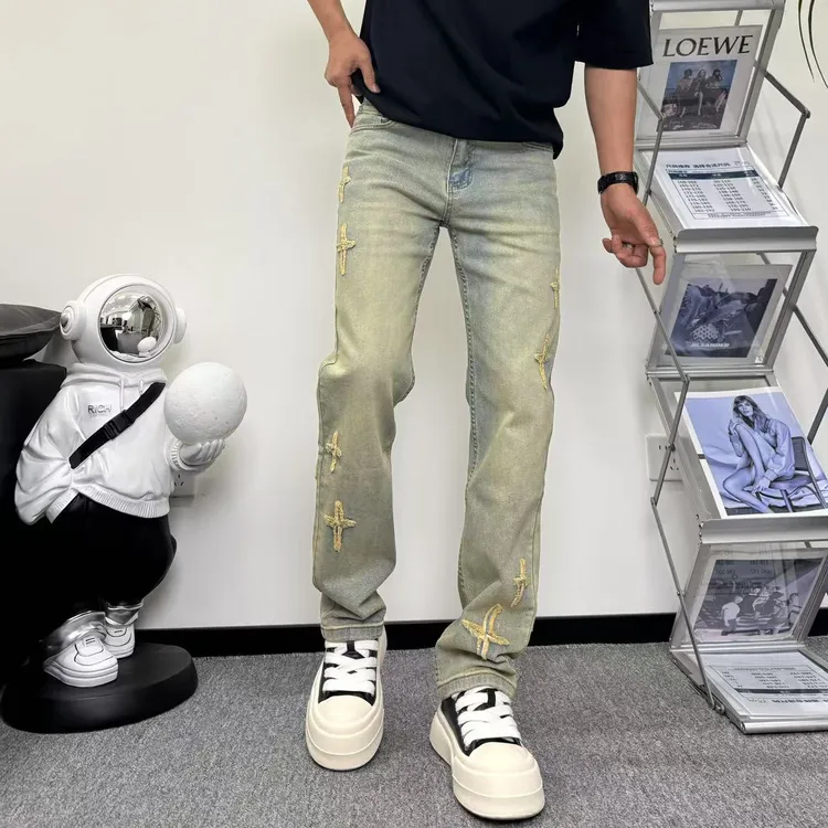 复古修身弹力做旧黄泥色十字刺绣贴标水洗四季废土男生衣服高级感