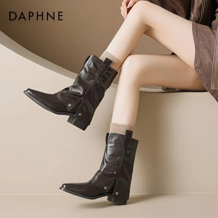 达芙妮美拉德短靴女款2025新款秋冬季褶皱马丁靴套筒粗跟瘦瘦靴子