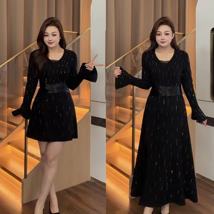 花菜微胖定制~【拜托小姐】秋冬新款法式浪漫赫本风气质收腰小黑裙