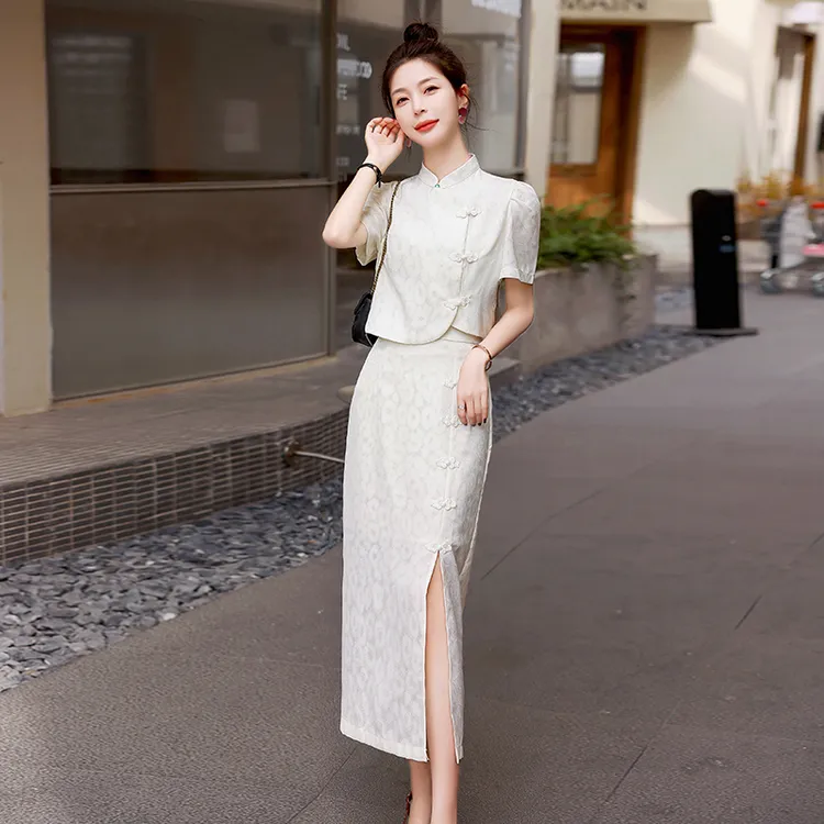 新中式改良旗袍套装女夏新款国风盘扣开叉包臀半身裙子两件套