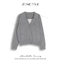 【zonefive】新款时尚假两件百搭针织毛衣气质上衣短款v领毛针织衫