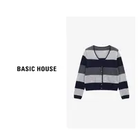 Basic House/百家好秋季新款简约粗条纹撞色针织衫-B0625B5MUE2