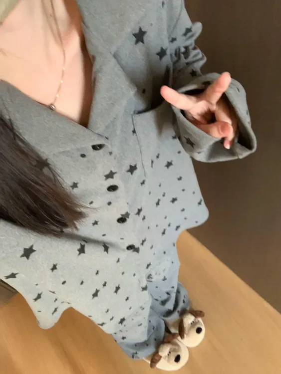 韩系ins新款灰色星星德绒睡衣女秋冬季保暖慵懒风家居服可外穿