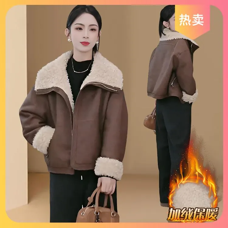 大翻领皮毛一体毛毛短外套女小个子冬季高级加绒加厚夹克机车服