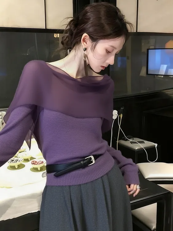 巨好看紫色网纱拼接针织衫长袖秋冬2025年新款氛围感淡人高知穿搭