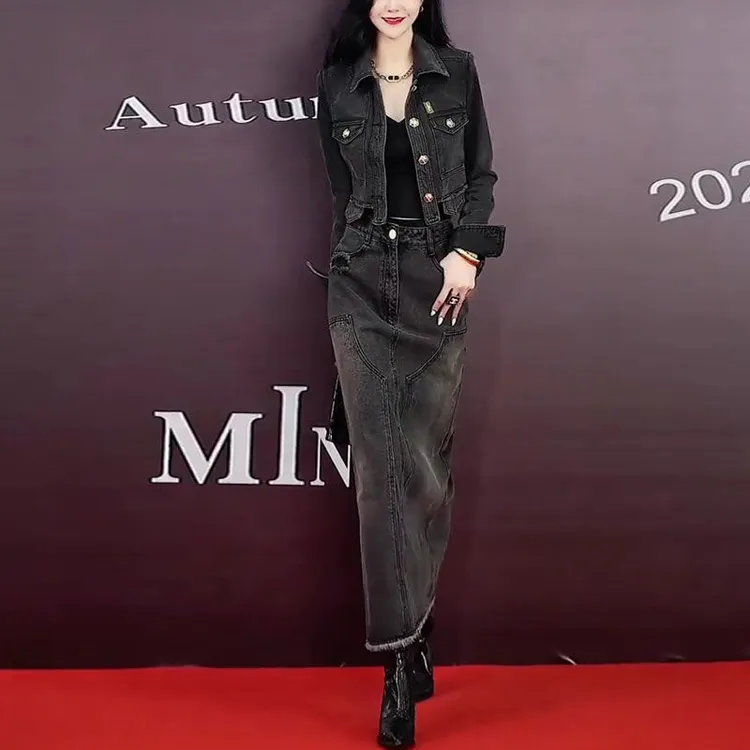 秋装女2025年新款休闲时尚高腰短款工装牛仔外套半身裙套装两件套