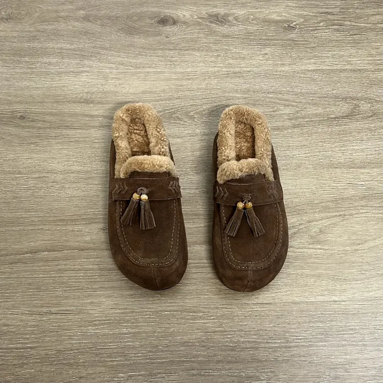Dannyfrey秋冬加绒保暖外穿毛毛拖鞋女加厚流苏串珠羊羔毛勃肯鞋