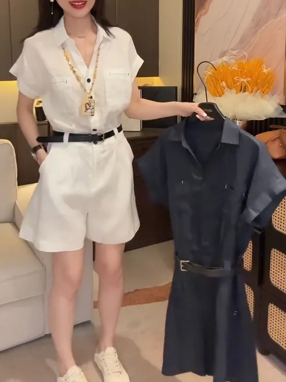 夏季新款轻薄亚麻连体短裤宽松显瘦百搭时尚纯色洋气减龄连体裤