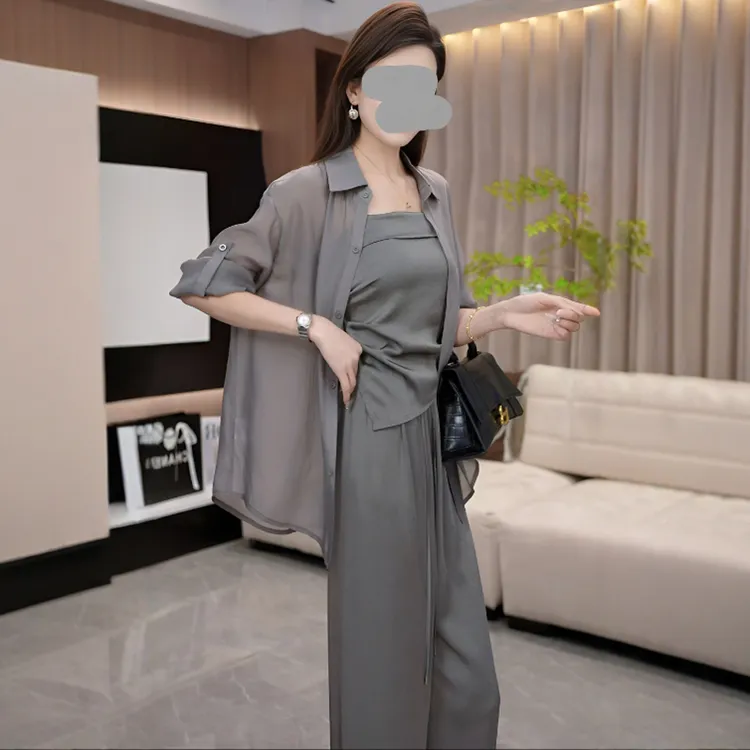 2025夏季气质休闲套装防晒衬衫吊带背心阔腿裤显瘦女神范三件套装