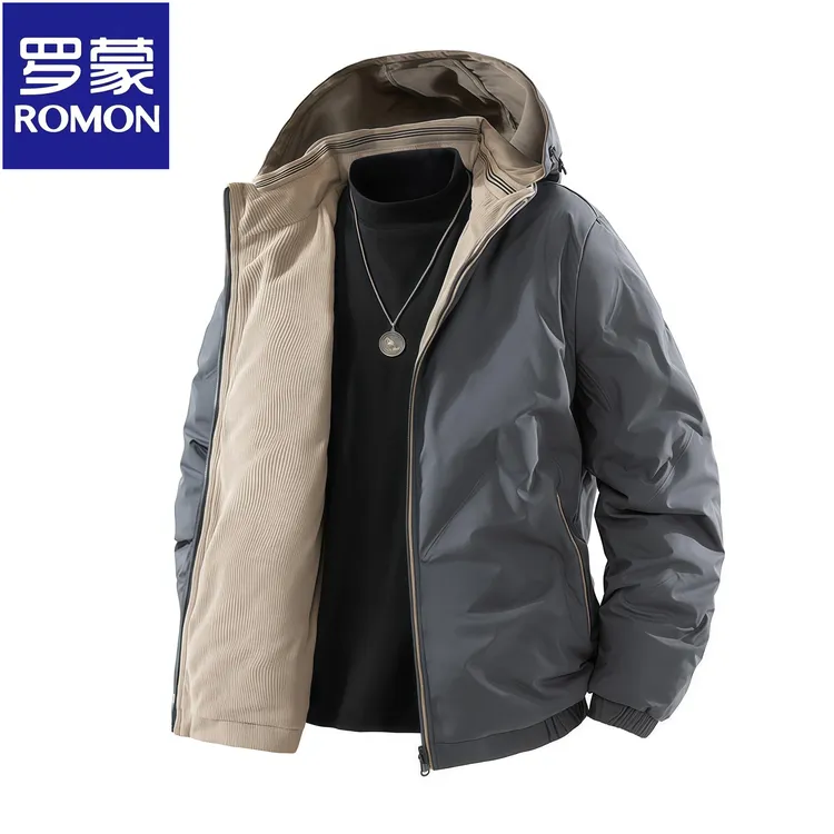 Romon/罗蒙冬季新款男士潮流立领休闲羽绒服双面穿加厚保暖外套男