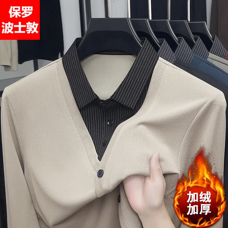 保罗男装冬季加绒加厚男士假两件新款翻领商务休闲保暖长袖polo衫