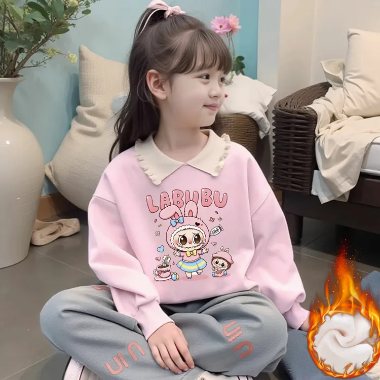 女童加绒卫衣冬季儿童加绒卫衣女孩卡通小兔子一体绒圆领加厚上衣