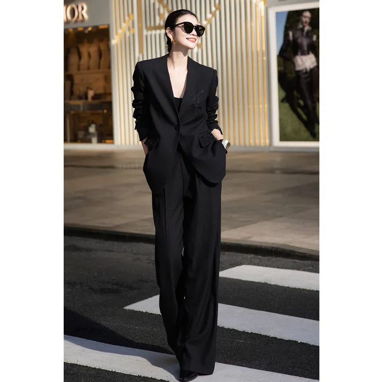 钉珠西服套装女2025秋装老钱风松弛感宽松西装外套长裤气质两件套