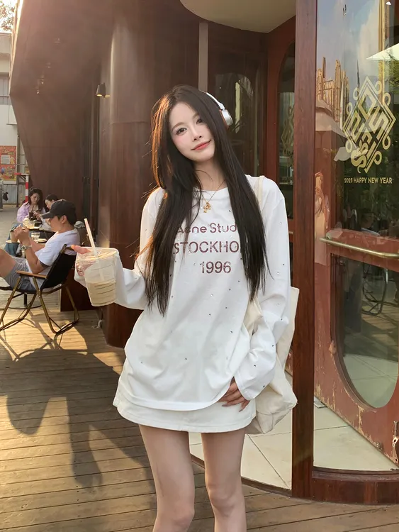 美式高街烫钻字母早秋季新款长袖T恤女宽松设计感防晒罩衫上衣服