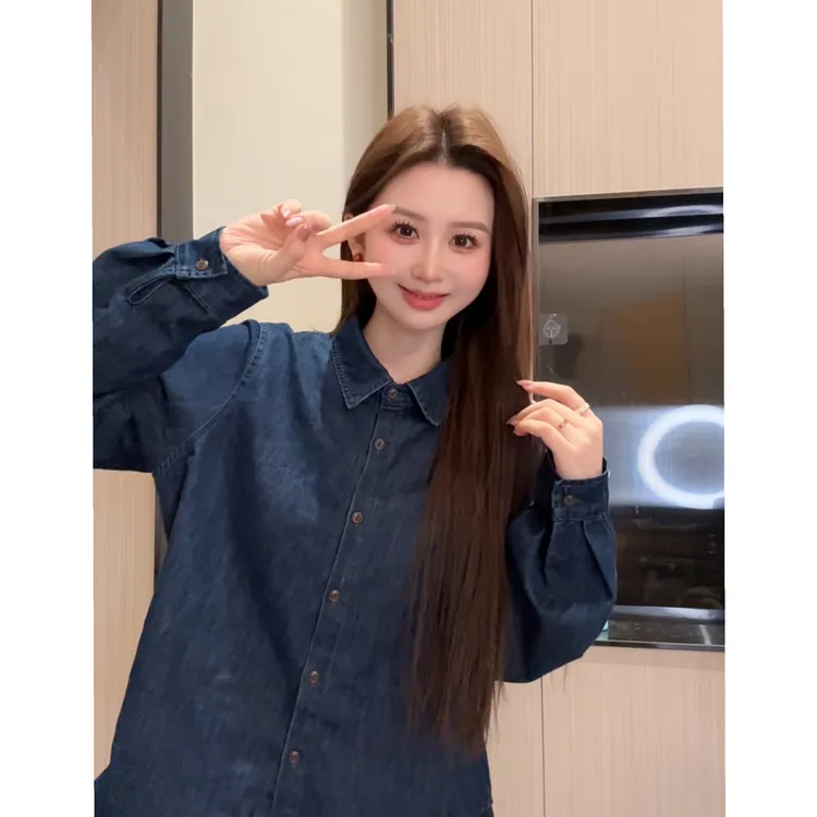 复古港风蓝色牛仔衬衫衬衣女春秋设计感百搭小个子正肩上衣外套潮