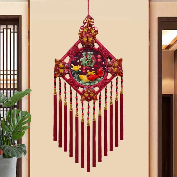 故宫红F【莲鱼兆瑞】中国结挂件客厅玄关新年装饰福字背景墙 M34F-Y