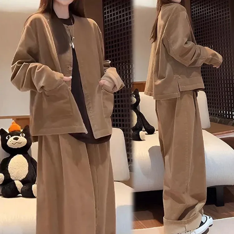 美式复古炸街套装女2025春秋新款高级感工装开衫外套阔腿裤两件套