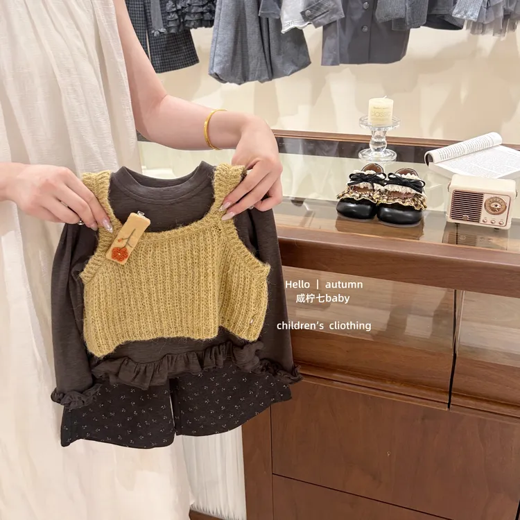 女童秋季套装2025韩版针织马甲新款儿童洋气打底衫裤子早秋三件套