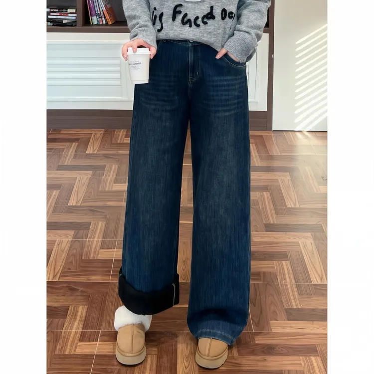 花契“暖冬愿望”大码女装冬季显瘦200斤胖mm复古加绒牛仔裤15955-F