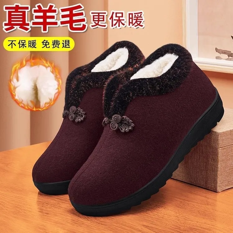中老年妈妈棉鞋冬季新款防滑保暖加绒加厚真羊毛软底舒适奶奶棉靴