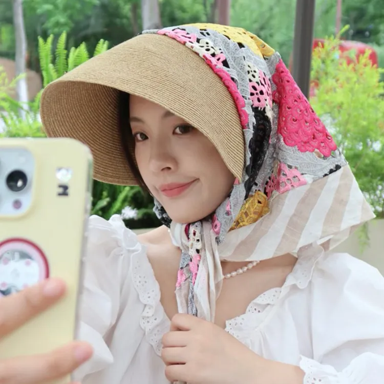 日本CL4蕾丝刺绣防晒帽女夏季出游沙滩遮阳帽时尚显脸小头巾帽潮