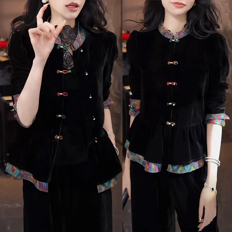 漂亮小衫国风盘扣上衣气质显瘦女装2025秋季新款时尚通勤丝绒外套