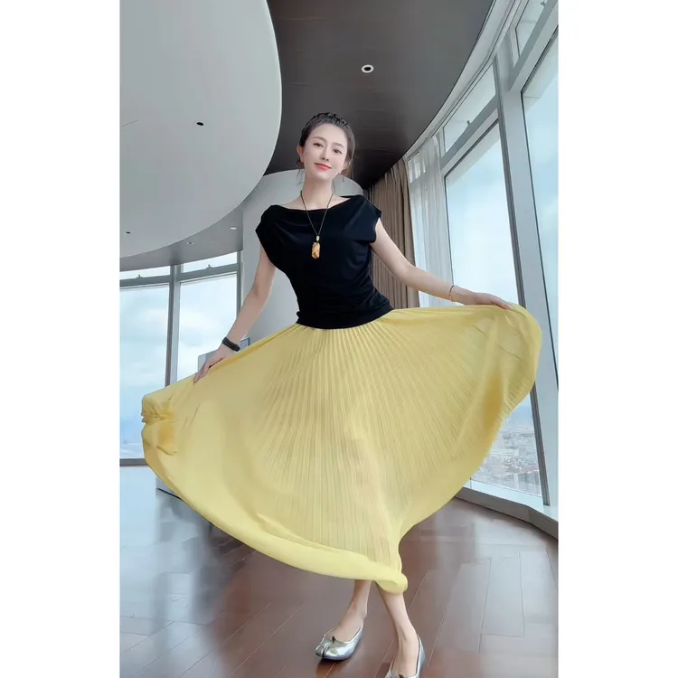 LAU+【黄莺】360度超大摆 百褶裙  半身裙中长款 设计师款 仙女裙