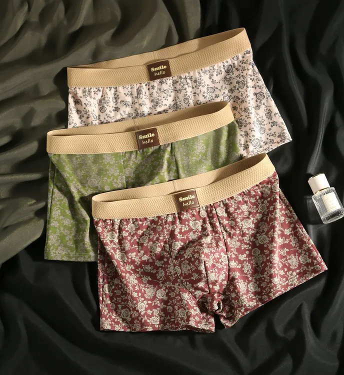 古典玫瑰印花男士内裤纯棉柔软舒适中腰短裤国风平角裤透气四角裤