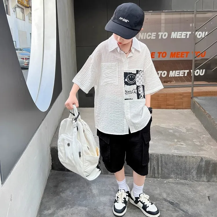 男童短袖衬衫夏装套装2025新款儿童衣服夏季潮男孩帅气时髦两件套