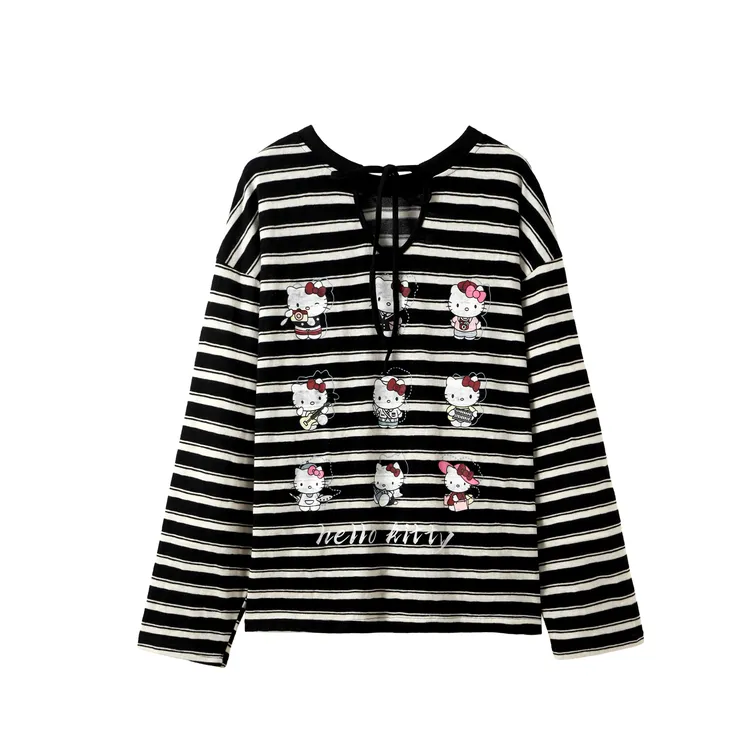 THE ENES Kt趣味印花V领绑带条纹长袖T