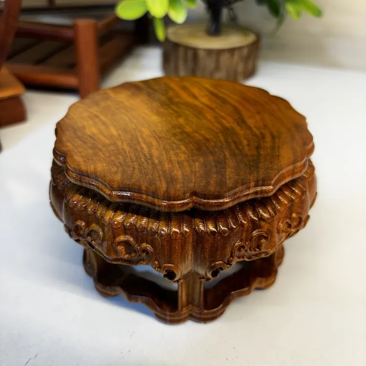 花梨木六足精雕如意圆珠纹古典中式美学茶壶建盏花瓶底座