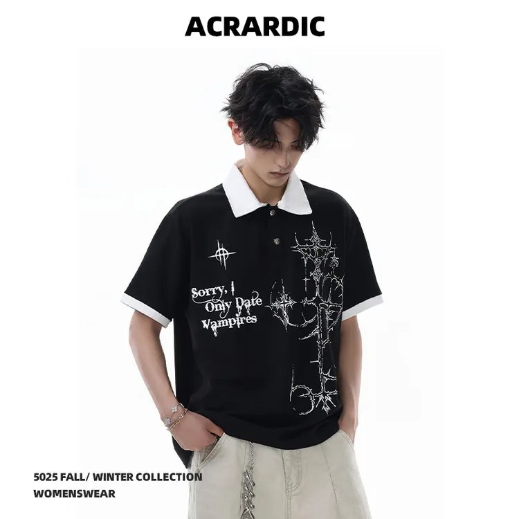 ACRARDIC潮牌个性印花短袖翻领polo衫男美式痞帅vibe休闲半袖2025