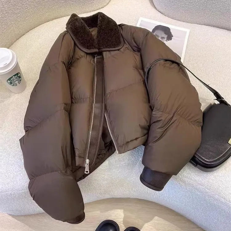 美式复古拼接翻领棉服女2025冬季气质休闲简约时尚短款面包服外套