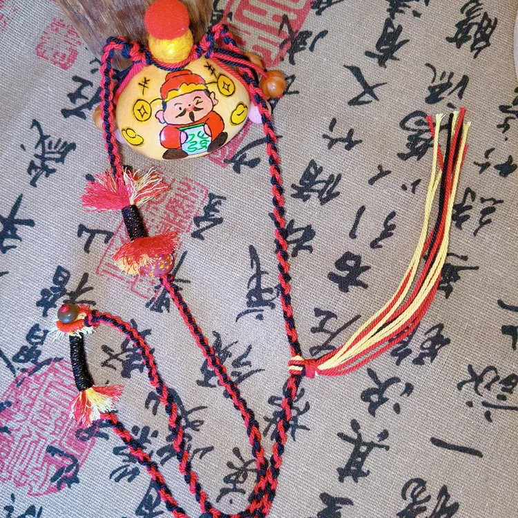 天然葫芦刻画彩绘财神纯手工编绳多宝项链挂件