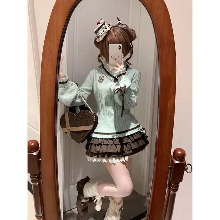 薄巧奶昔 萌妹蝴蝶结小个子毛衣百褶减龄两件套秋冬可爱秋季套装