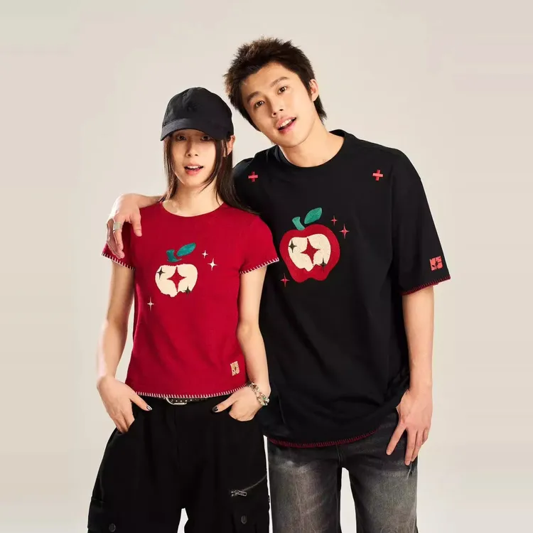 NSTNEW START发芽计划“彩苹果”刺绣百搭正肩修身百搭女短袖T恤