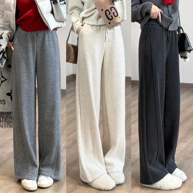 靓小靓【双面绒加厚窄阔腿裤】冬季醋酸羊毛休闲裤显瘦拼缝毛呢裤