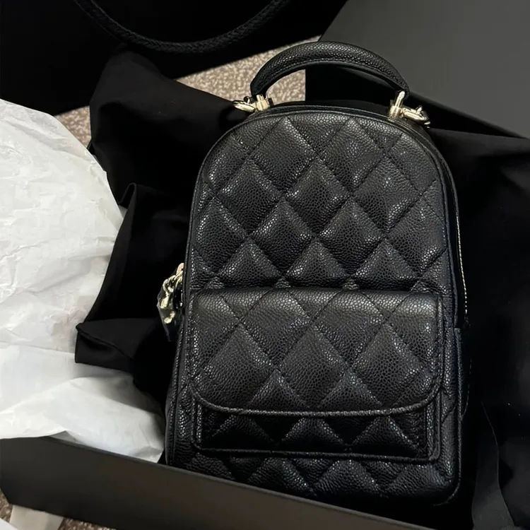 小香风25P新款荔枝纹牛皮mini双肩包菱格链条包双肩背包单肩手提