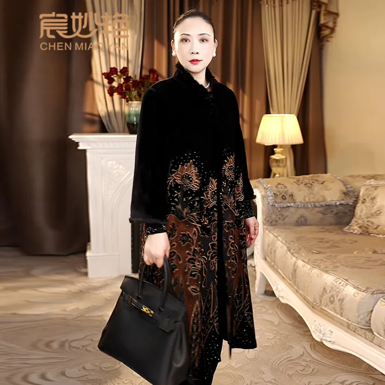 宸妙艳新款金丝绒外套中长款优雅时尚百搭大码妈妈装新中式风衣