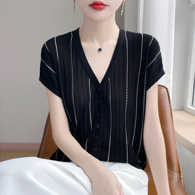 杜拉妮简约清凉感冰丝竖条纹V领撞色短袖女时髦落肩袖宽松T恤开衫