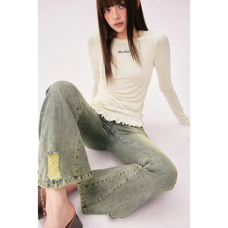 CHUU秋季女装琥珀流光新趋势穿搭木耳荷叶边撞色莱赛尔软糯T恤