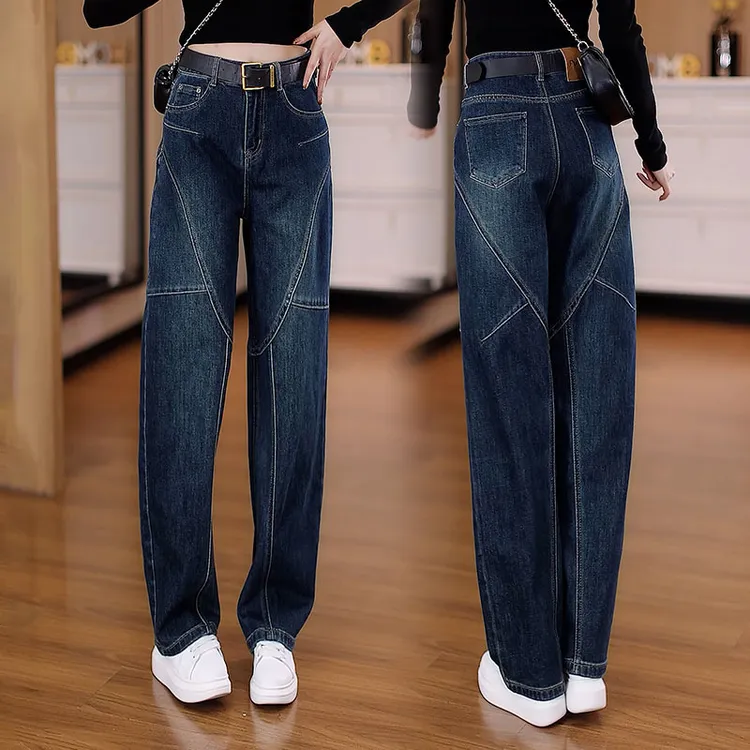 复古蓝弯刀牛仔裤女秋季爆款大码梨型身材高腰显瘦遮胯弹力阔腿裤
