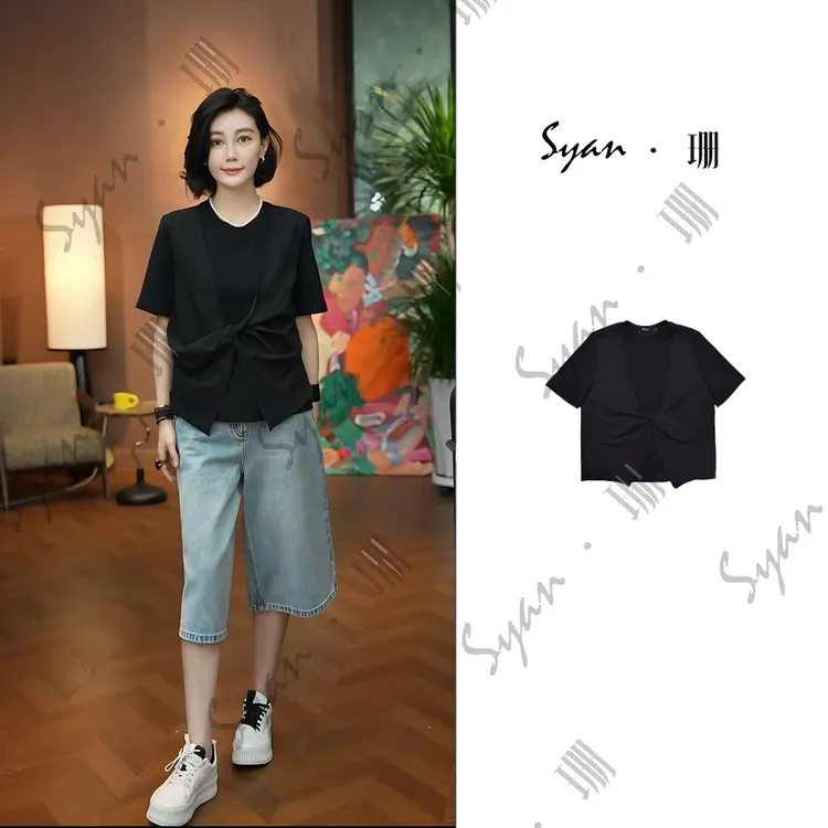 Syan【默契】2025夏季新款时尚百搭设计款蝴蝶结宽松T恤