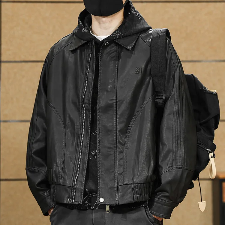 美式休闲复古PU皮夹克男秋冬季加绒潮牌大码宽松翻领工装外套男装
