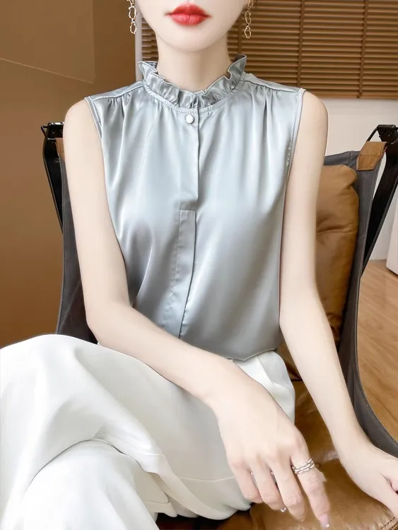 醋酸真丝半高领花边砍袖背心女打底宽松桑蚕丝无袖夏季木耳边上衣