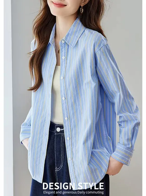 【牛津纺】100%棉长袖条纹衬衫时尚女装洋气衬衣色织水洗工艺8900